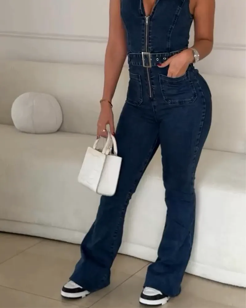High-Waisted Slim-Fit Denim Jumpsuit (Pre-Sale)