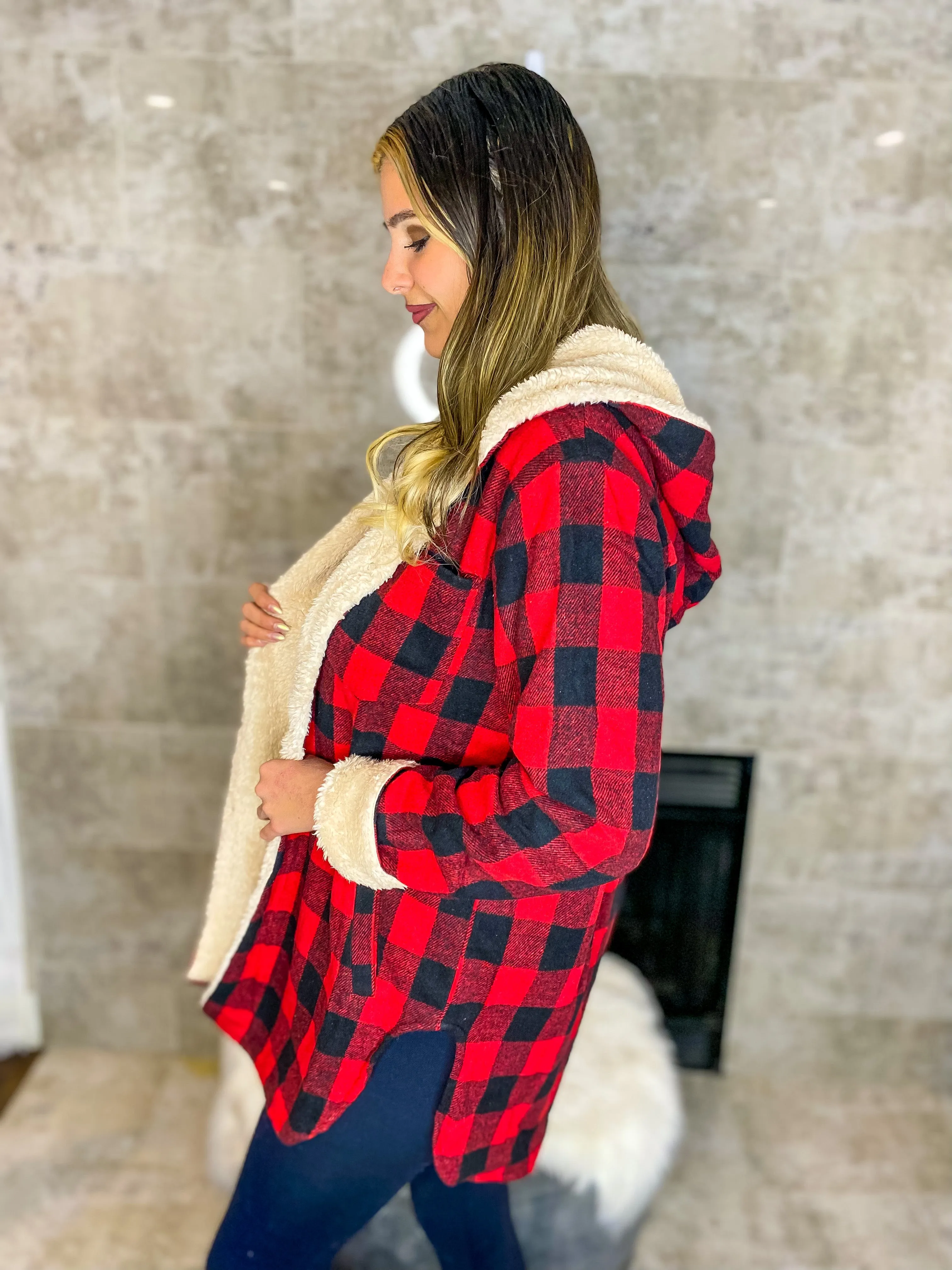 Just Dreamy Sherpa Lined Hooded Plaid Jacket - Red
