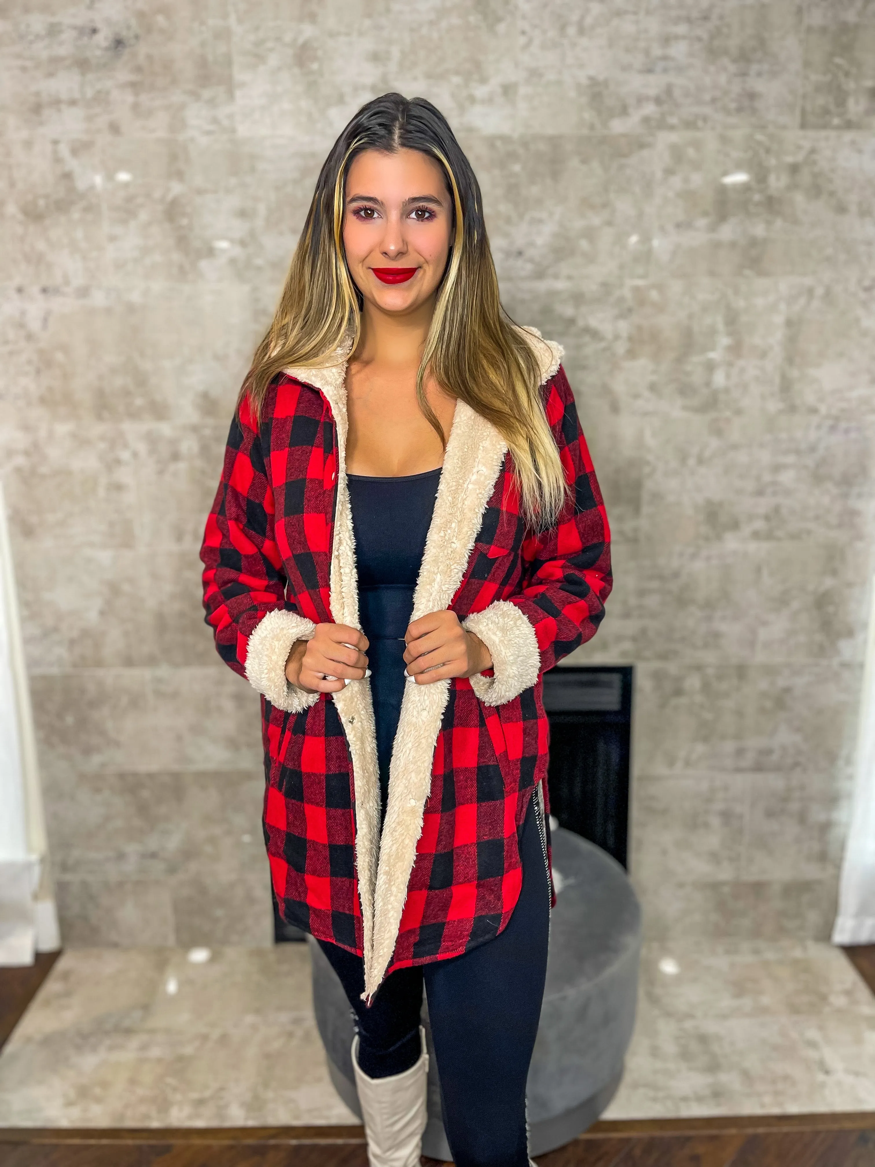 Just Dreamy Sherpa Lined Hooded Plaid Jacket - Red