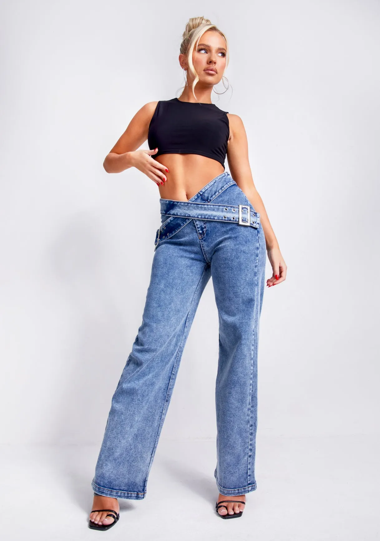 Kiki Blue Light Wash Denim Cross Over Belt Straight Leg Jeans