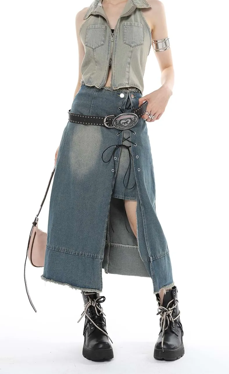 Layered Denim Midi Skirt with Drawstring Slit