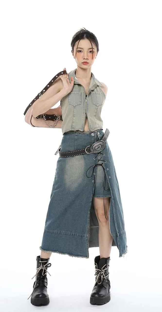 Layered Denim Midi Skirt with Drawstring Slit