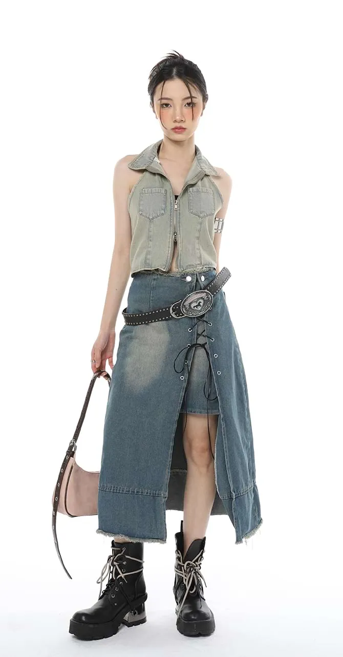 Layered Denim Midi Skirt with Drawstring Slit