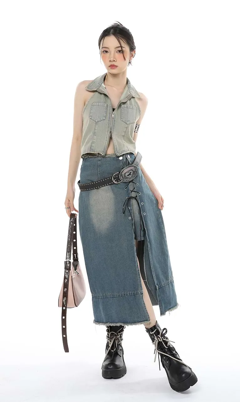 Layered Denim Midi Skirt with Drawstring Slit
