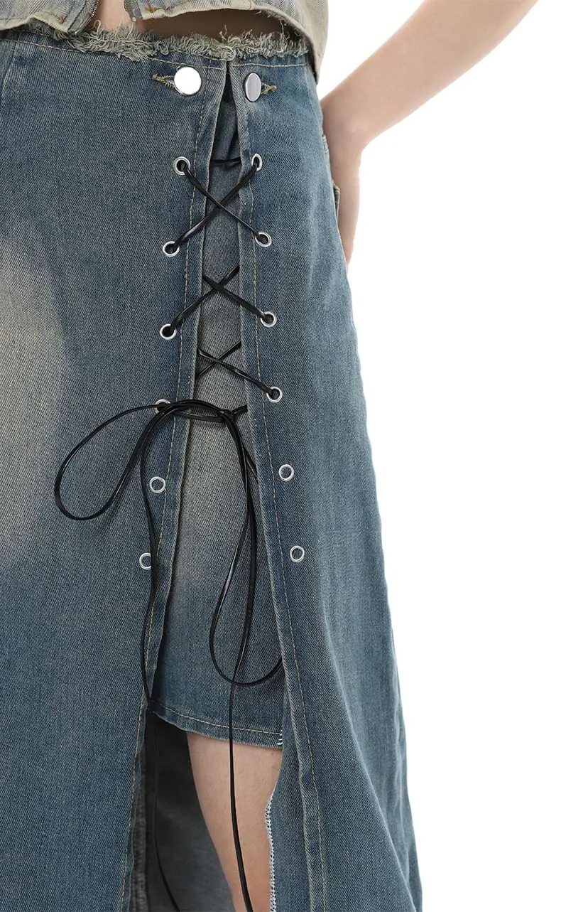 Layered Denim Midi Skirt with Drawstring Slit