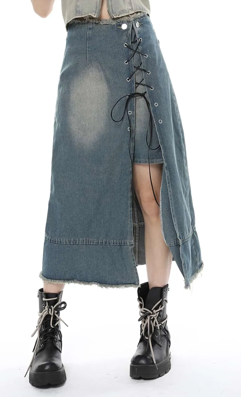 Layered Denim Midi Skirt with Drawstring Slit