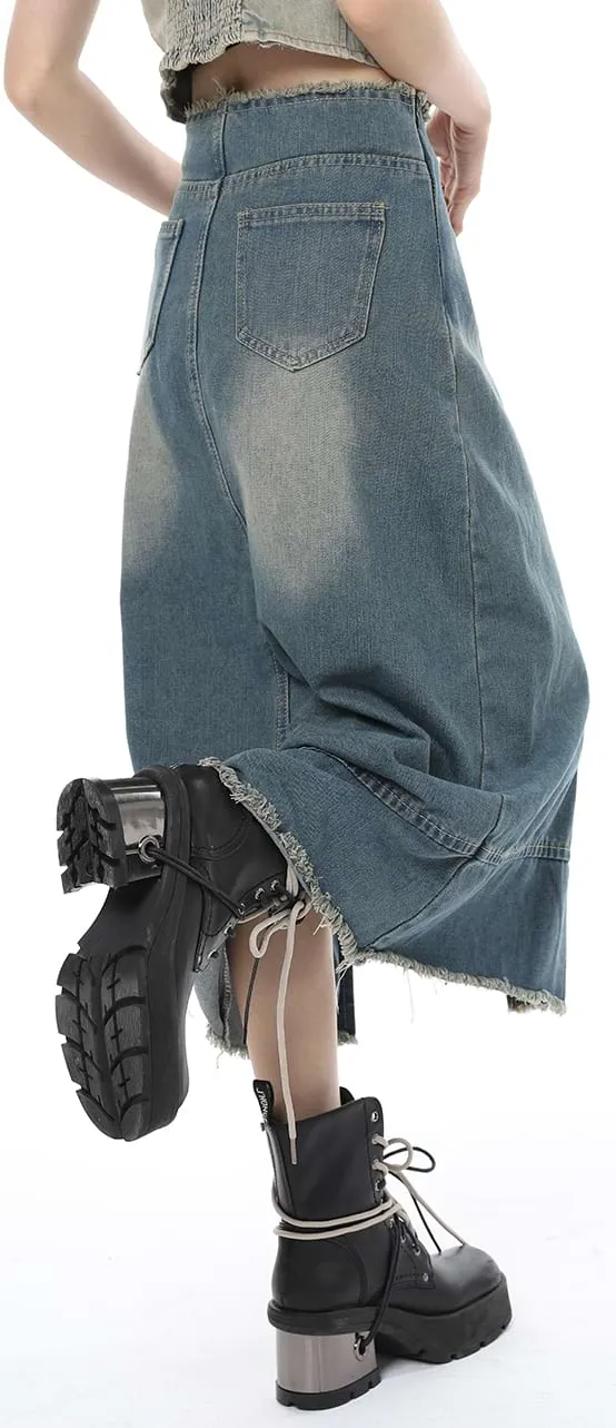 Layered Denim Midi Skirt with Drawstring Slit