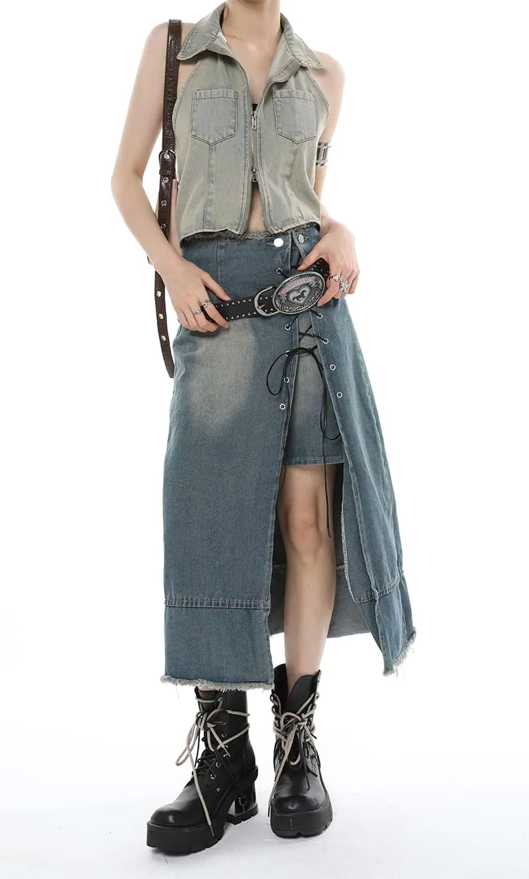 Layered Denim Midi Skirt with Drawstring Slit