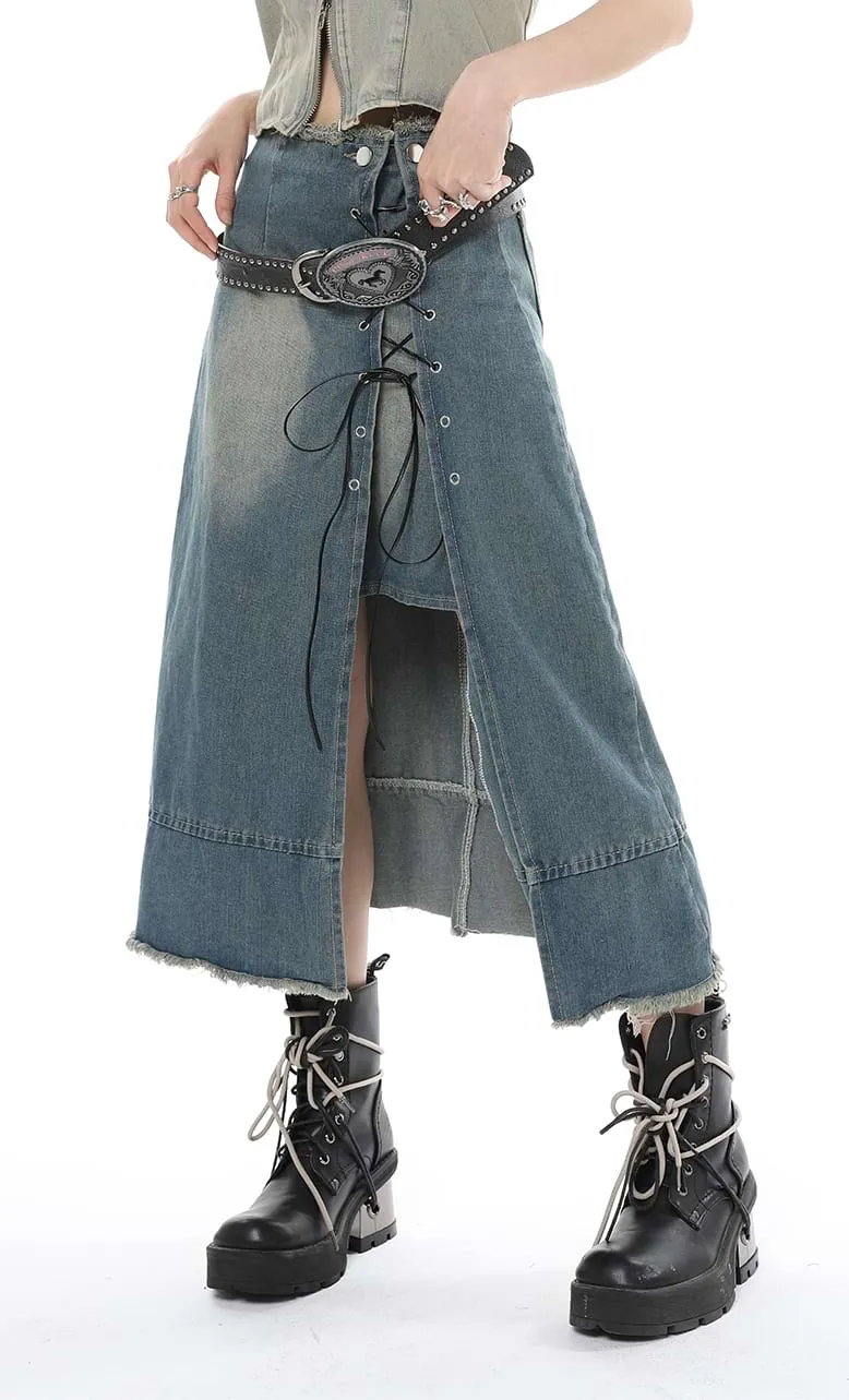 Layered Denim Midi Skirt with Drawstring Slit