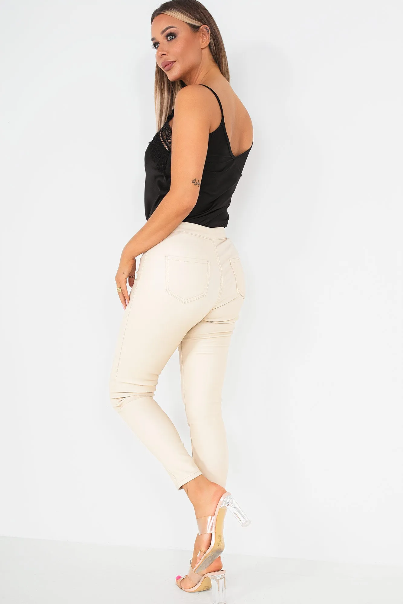 Lianna Cream High Waist Leather Look Jeans