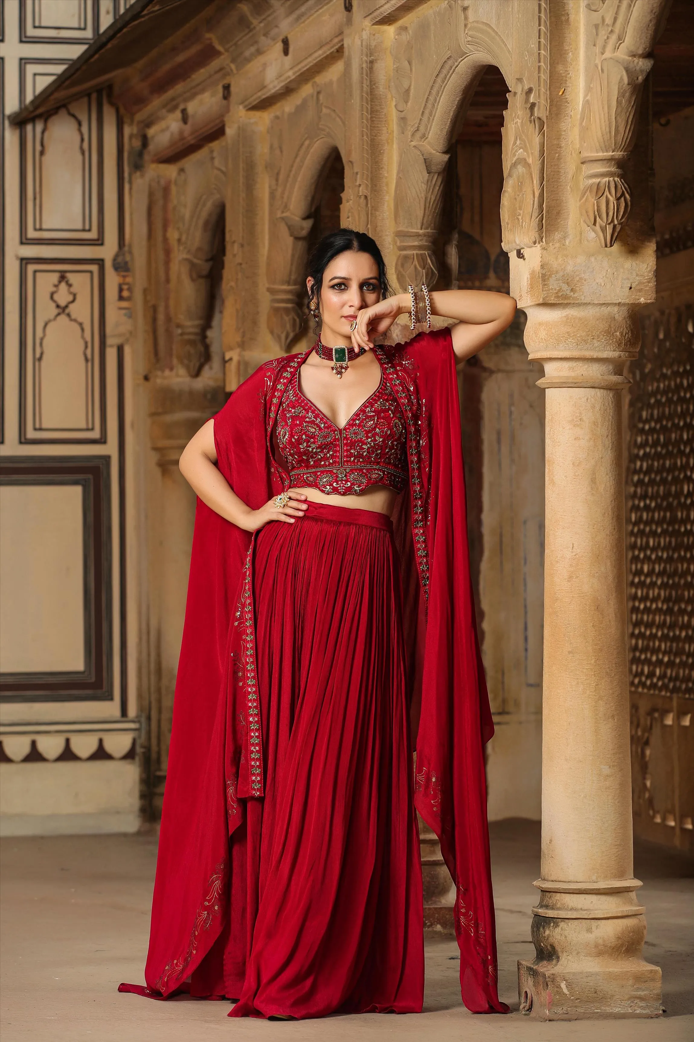 Maroon Chinon Silk Embroidered Choli Palazzo Cape Set