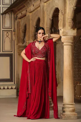 Maroon Chinon Silk Embroidered Choli Palazzo Cape Set