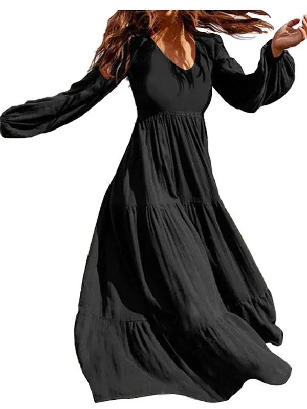Maxi Swing Dress V Neck Lantern Sleeve Dress