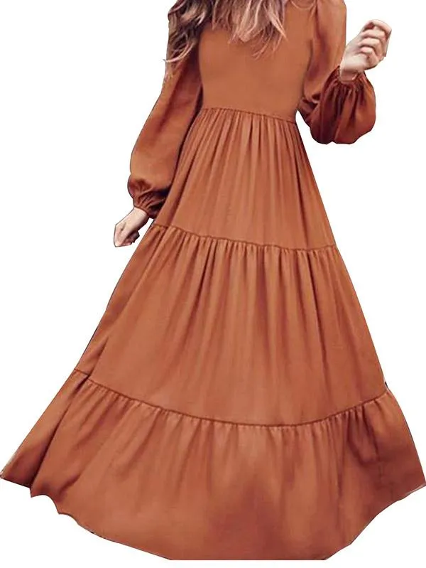 Maxi Swing Dress V Neck Lantern Sleeve Dress