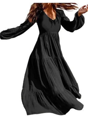 Maxi Swing Dress V Neck Lantern Sleeve Dress