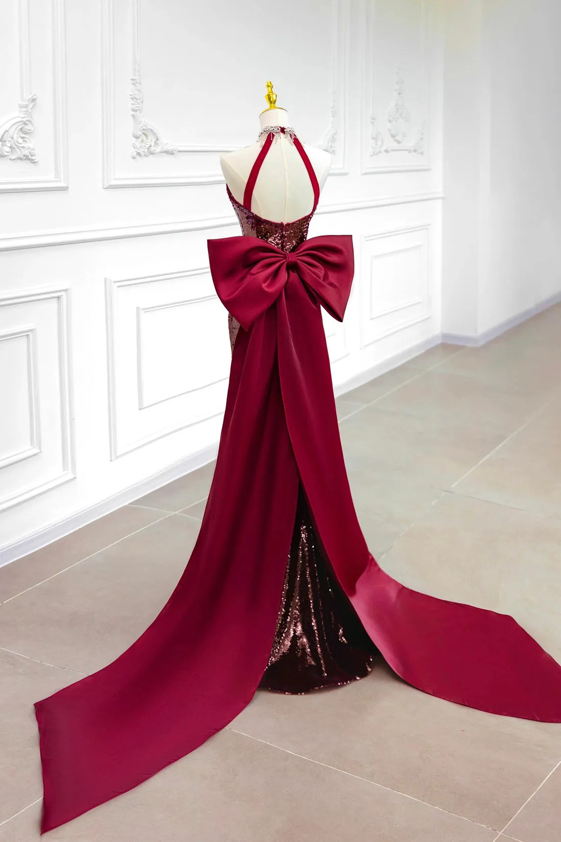 Mermaid Sequins Long Prom Dress, Burgundy Backless Evening Party Dress