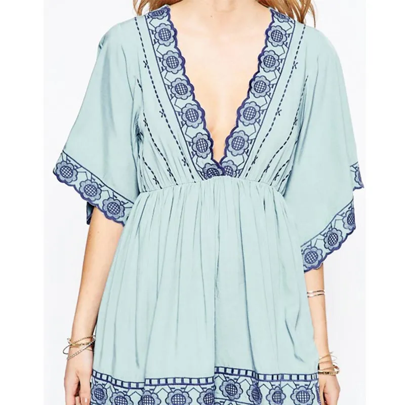 New Stock V-Neck Short Sleeve Slip Beach Dress #Beach Dress #Blue