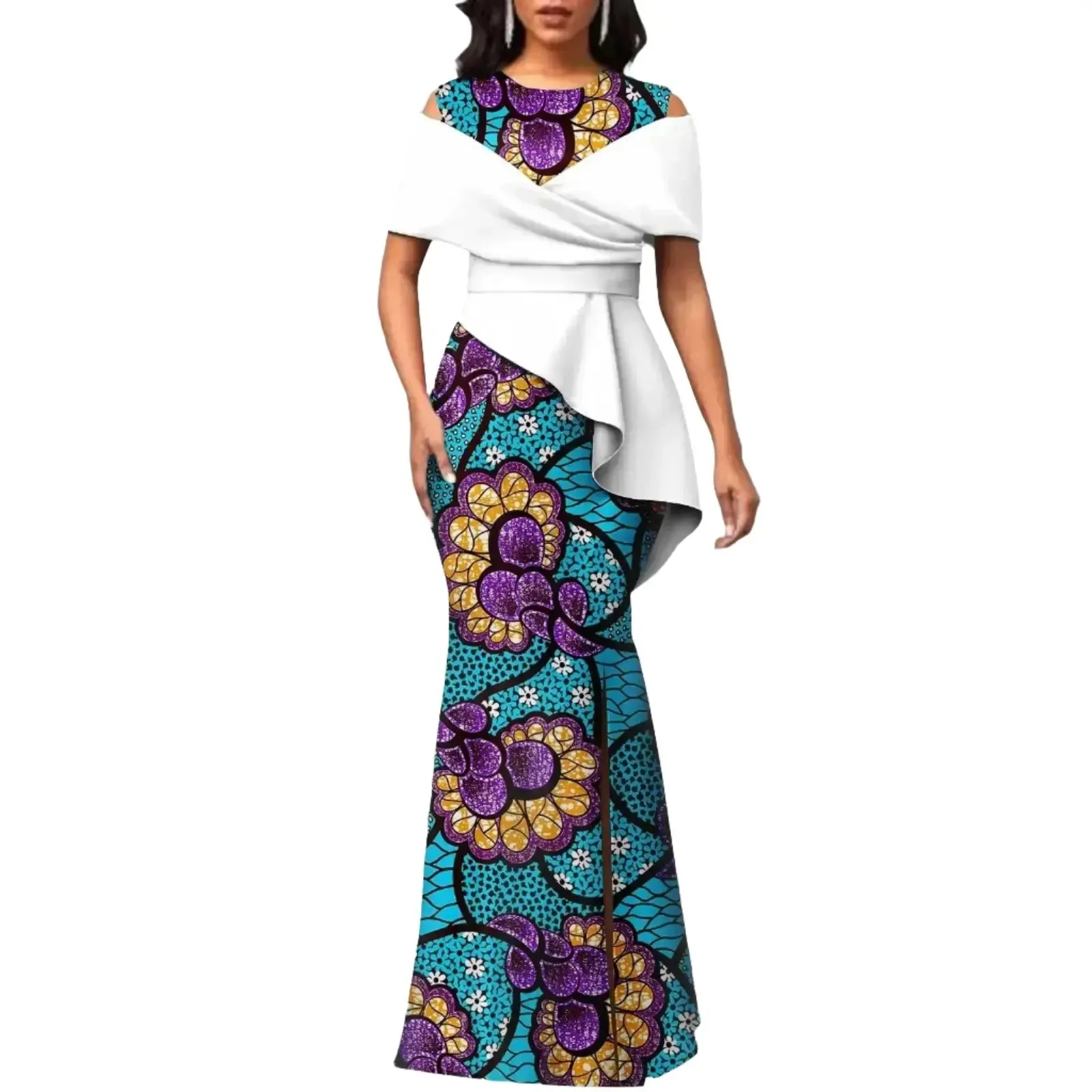 Off The Shoulders African Maxi Dress O-neck High Waist Ankara Attire