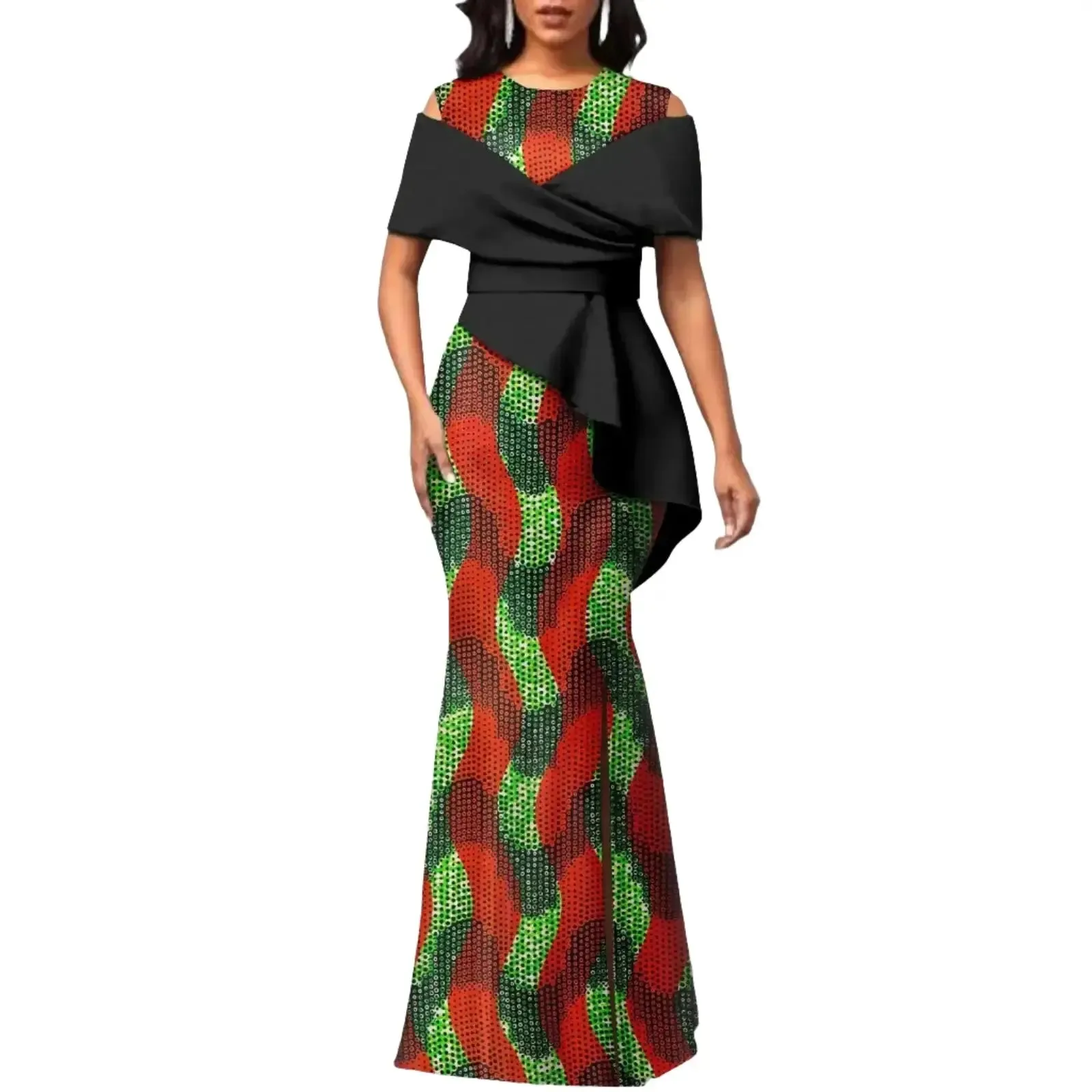 Off The Shoulders African Maxi Dress O-neck High Waist Ankara Attire
