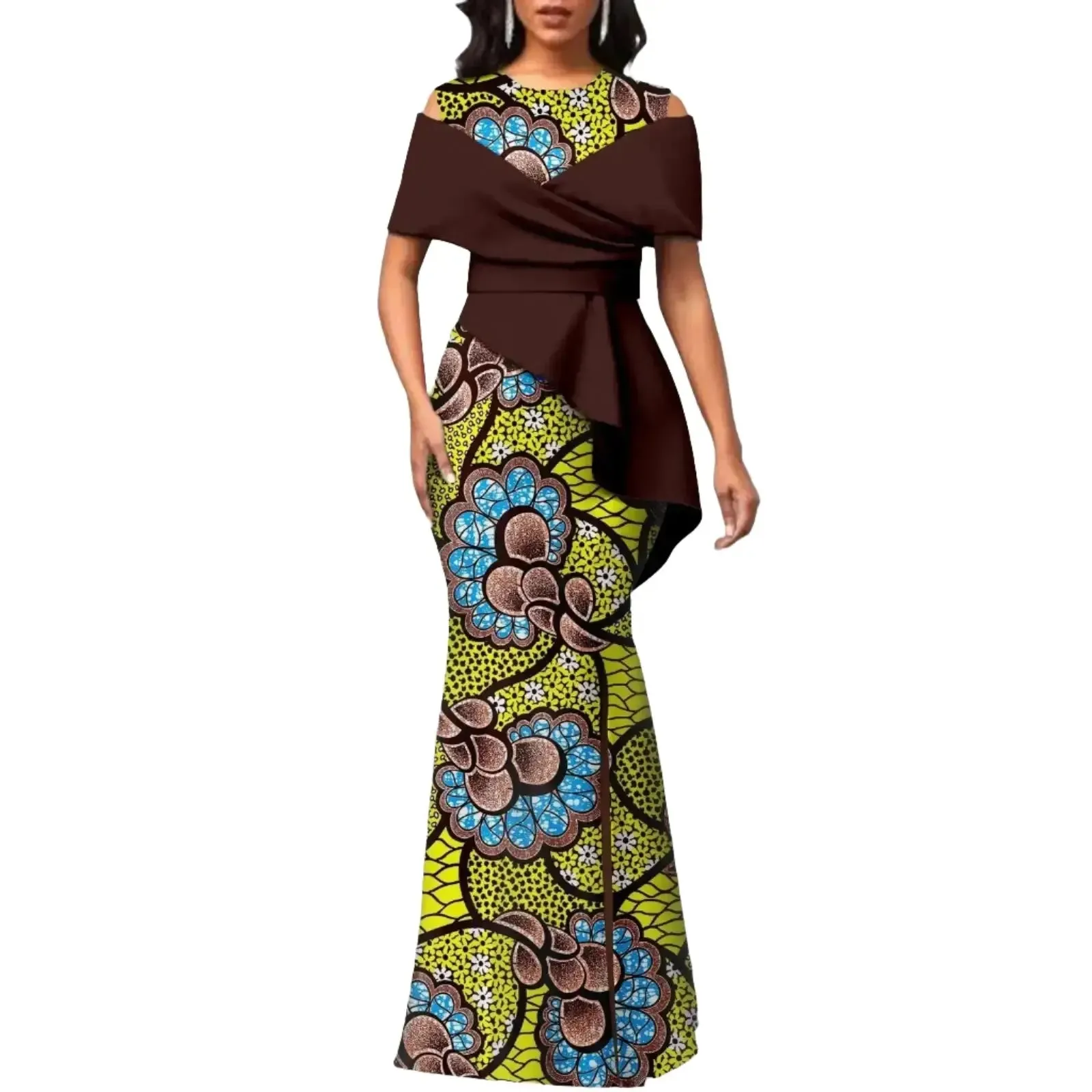 Off The Shoulders African Maxi Dress O-neck High Waist Ankara Attire