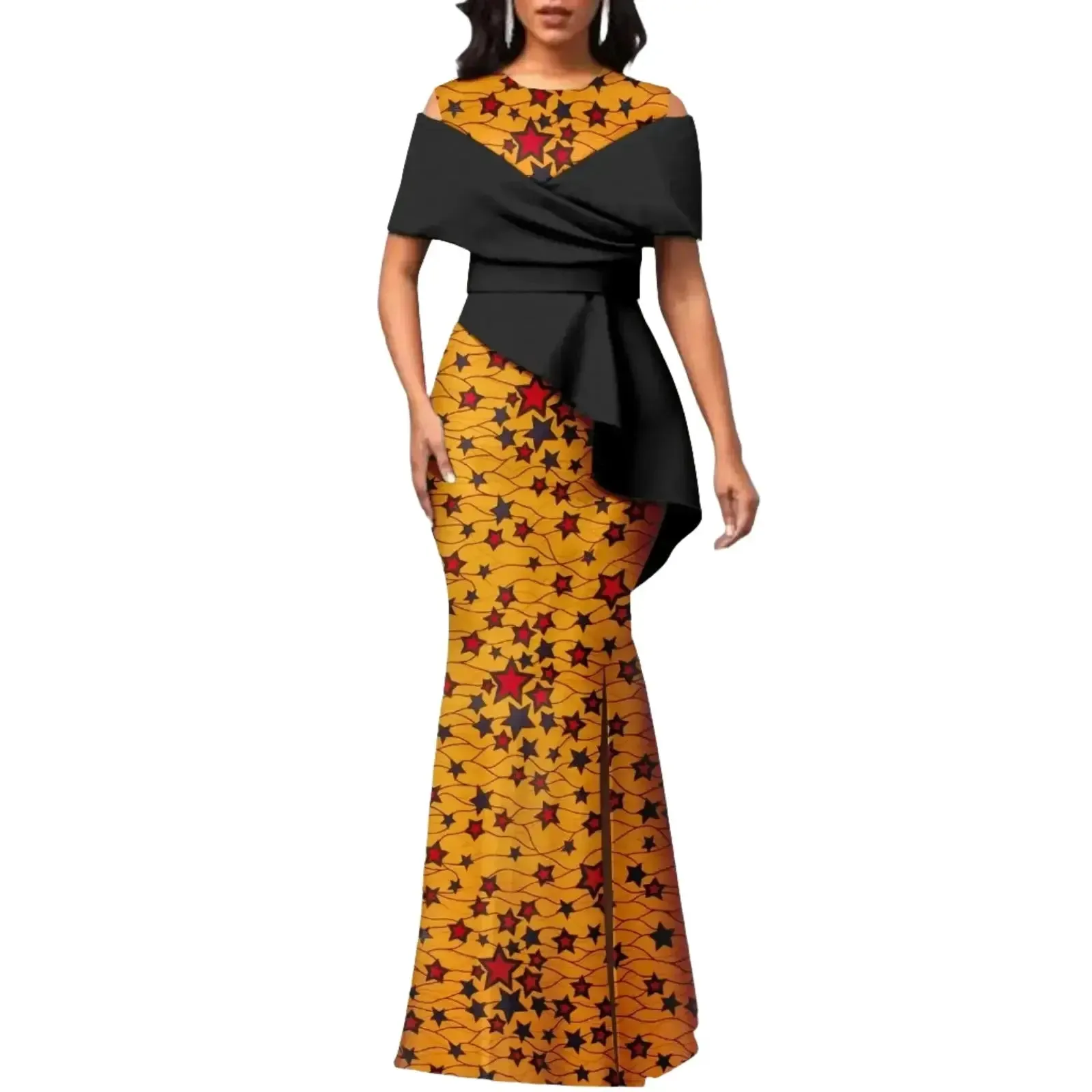 Off The Shoulders African Maxi Dress O-neck High Waist Ankara Attire