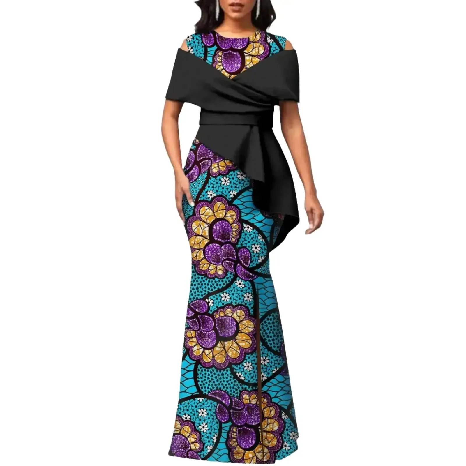 Off The Shoulders African Maxi Dress O-neck High Waist Ankara Attire