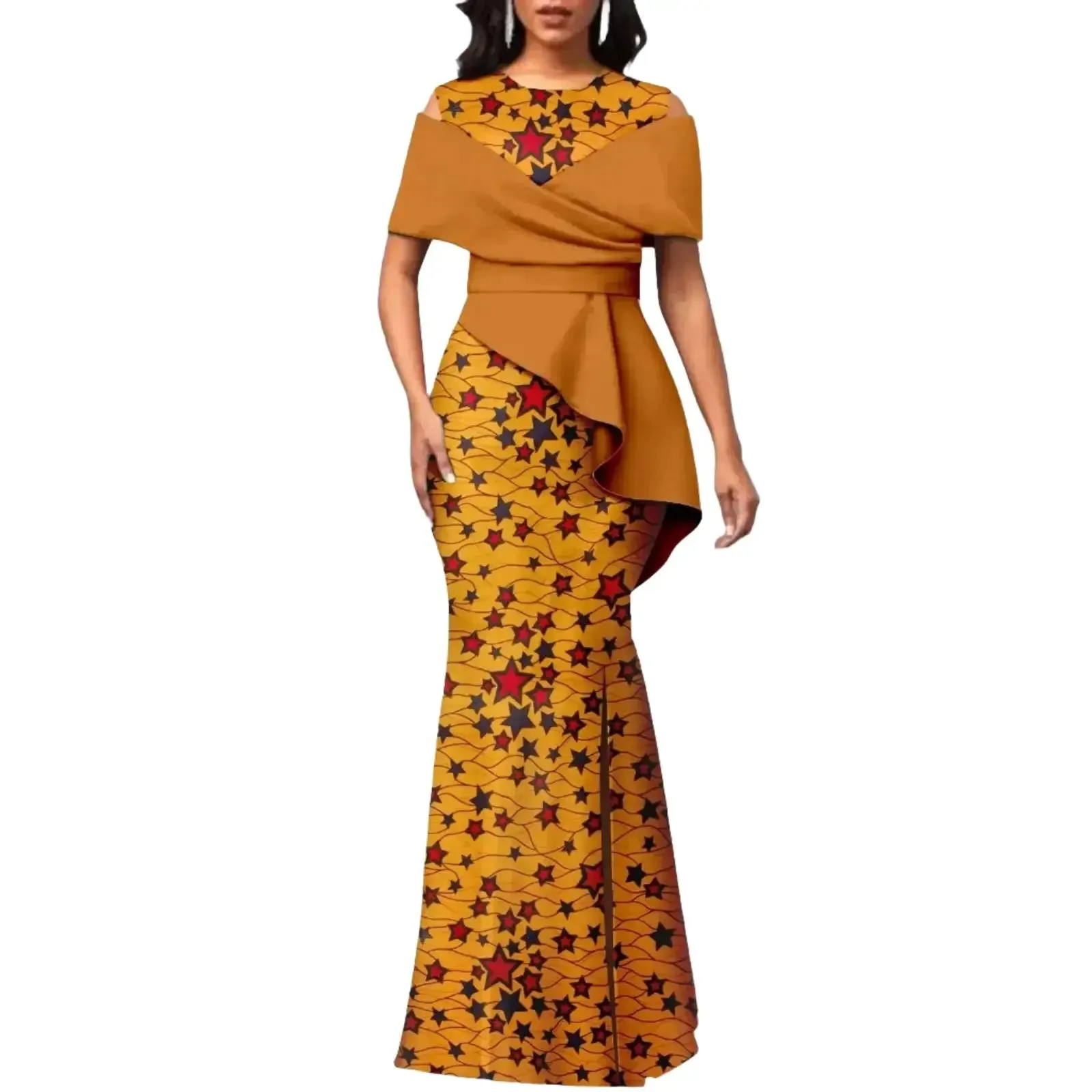 Off The Shoulders African Maxi Dress O-neck High Waist Ankara Attire