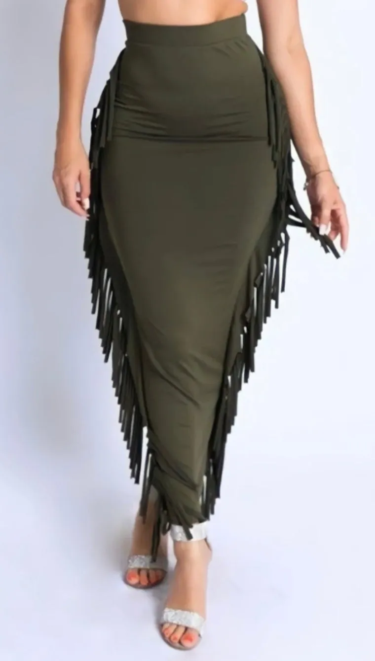 Olive Fringe Skirt
