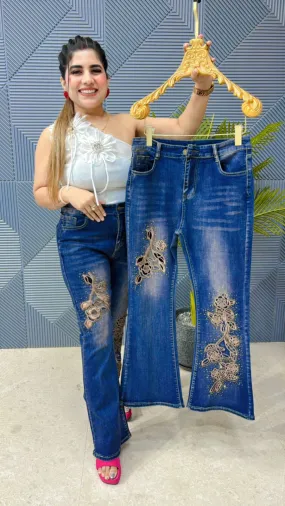 Premium Denim Jean With Flower Work GGR987
