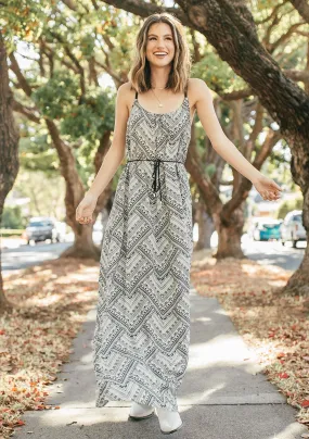 Printed Double Strap Tie Waist Maxi Dress