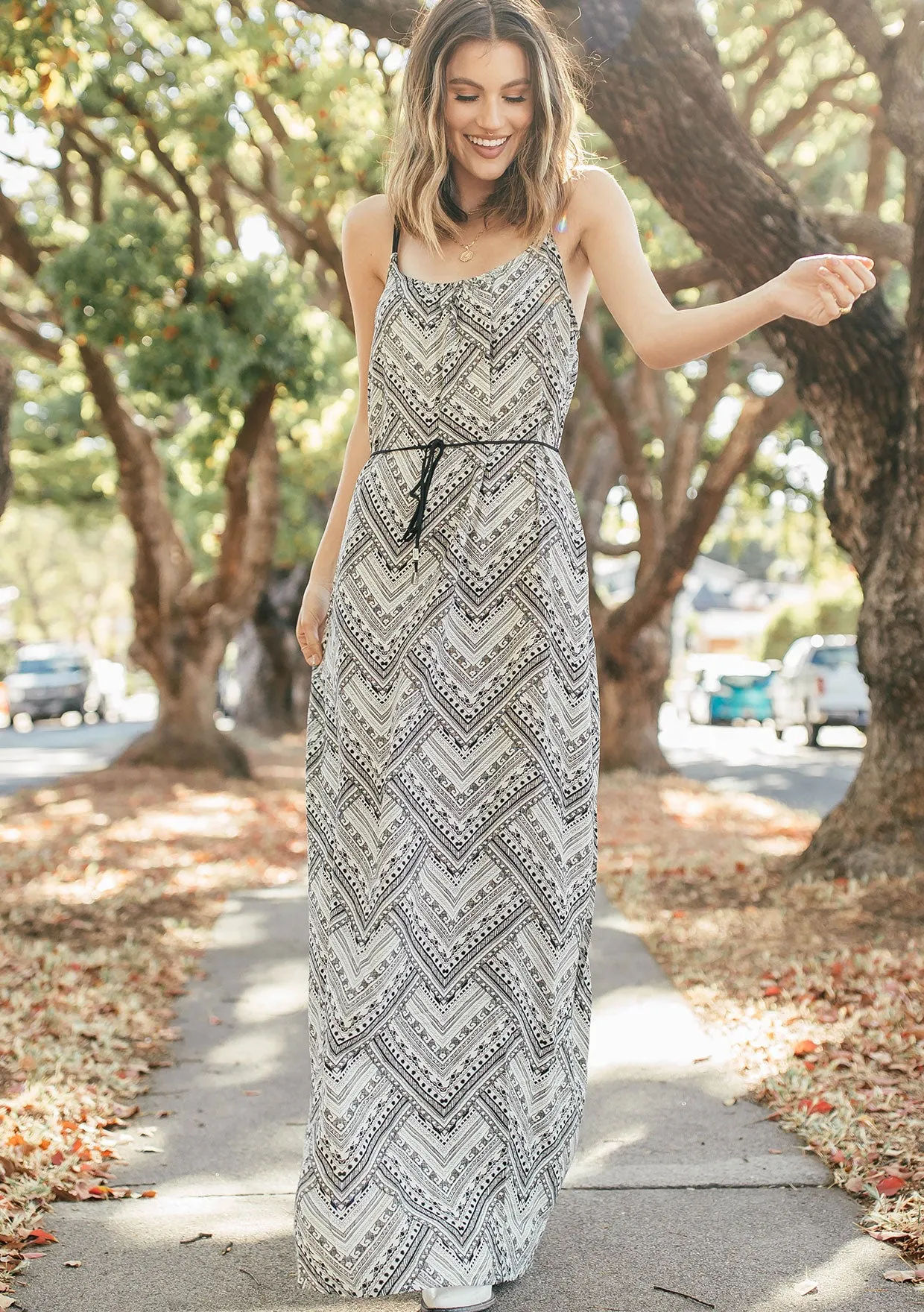 Printed Double Strap Tie Waist Maxi Dress