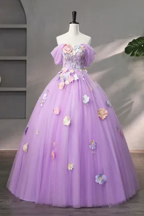 Purple Tulle Lace Long Prom Dress with Lace, Beautiful Off the Shoulder Evening Dress