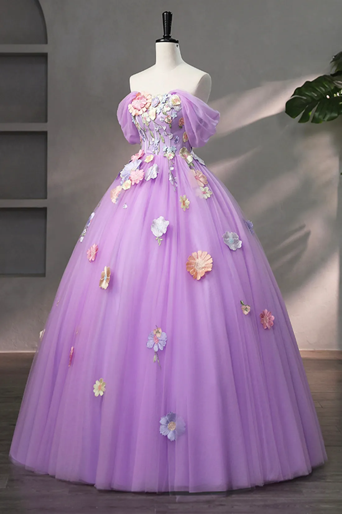 Purple Tulle Lace Long Prom Dress with Lace, Beautiful Off the Shoulder Evening Dress