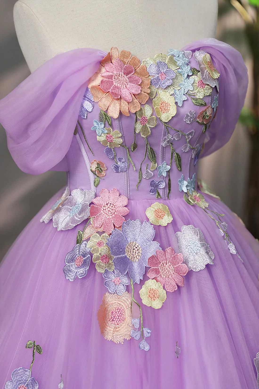 Purple Tulle Lace Long Prom Dress with Lace, Beautiful Off the Shoulder Evening Dress