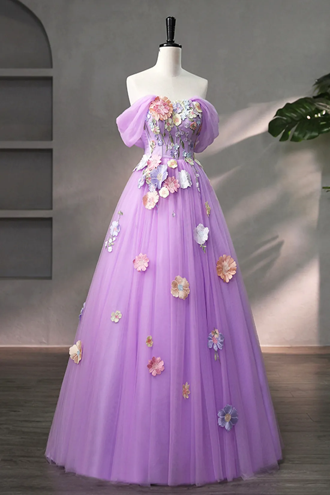 Purple Tulle Lace Long Prom Dress with Lace, Beautiful Off the Shoulder Evening Dress