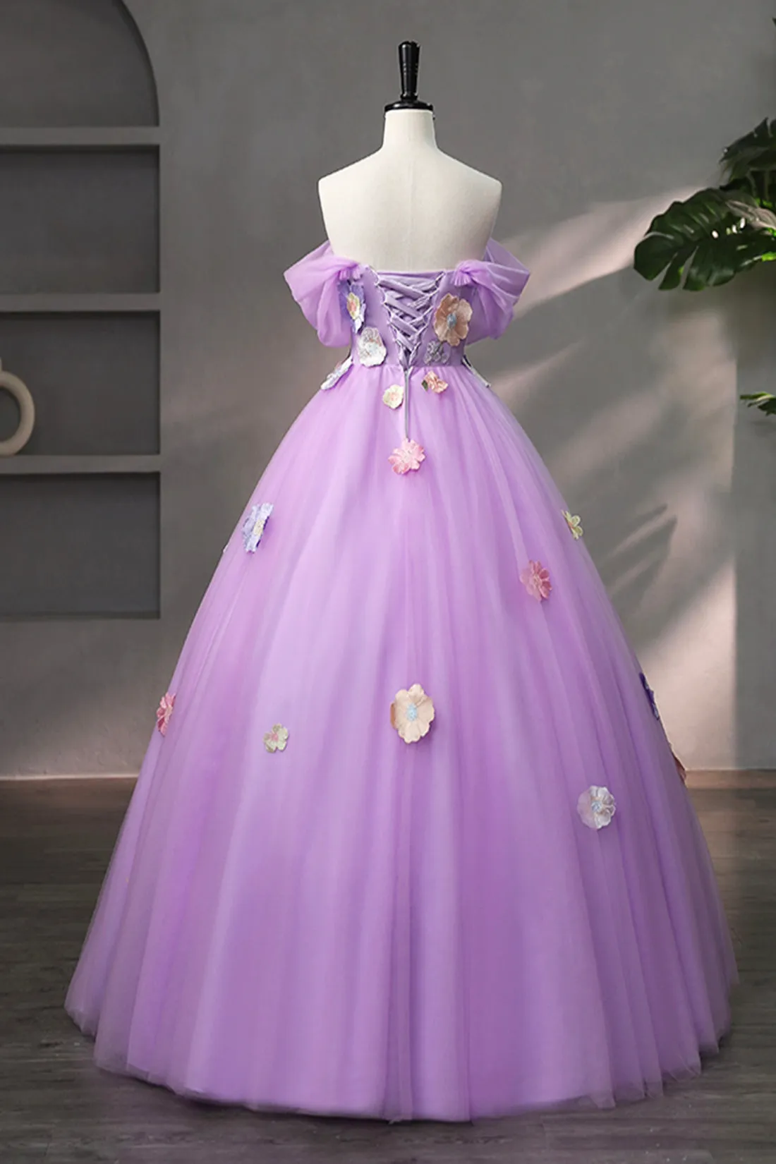 Purple Tulle Lace Long Prom Dress with Lace, Beautiful Off the Shoulder Evening Dress