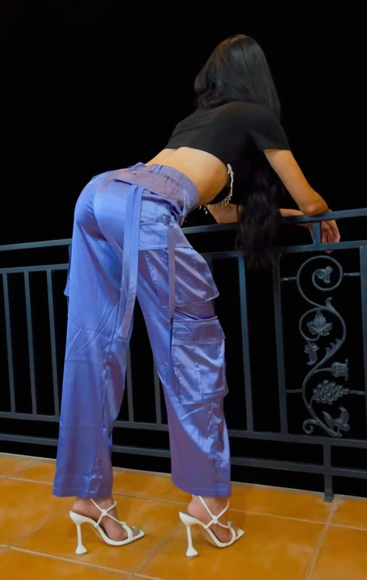 Purple Wide Leg Satin Cargo Pants