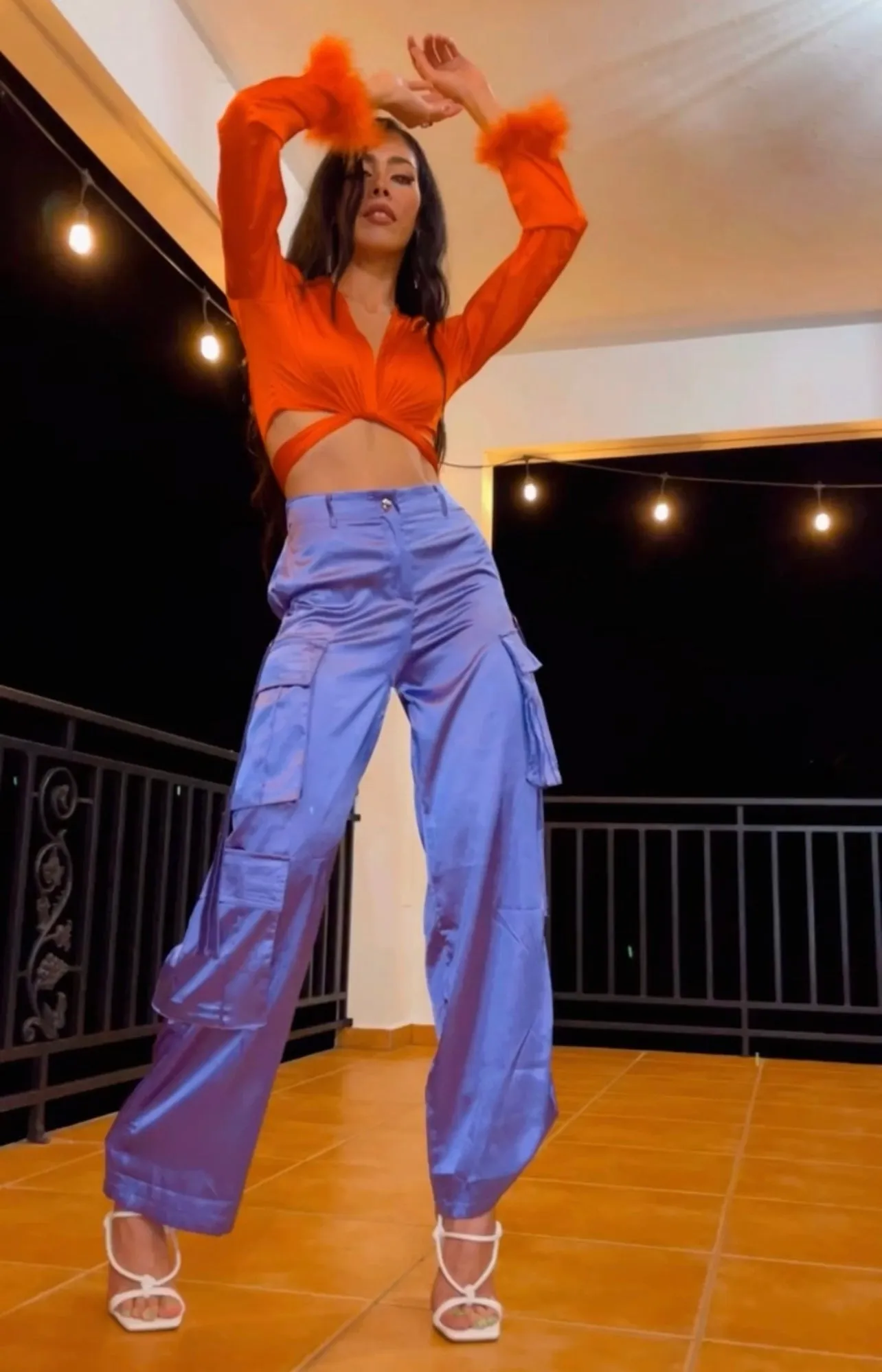 Purple Wide Leg Satin Cargo Pants