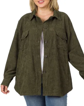 "Drew" Oversized Corduroy Shacket Dk Olive Plus Sizes