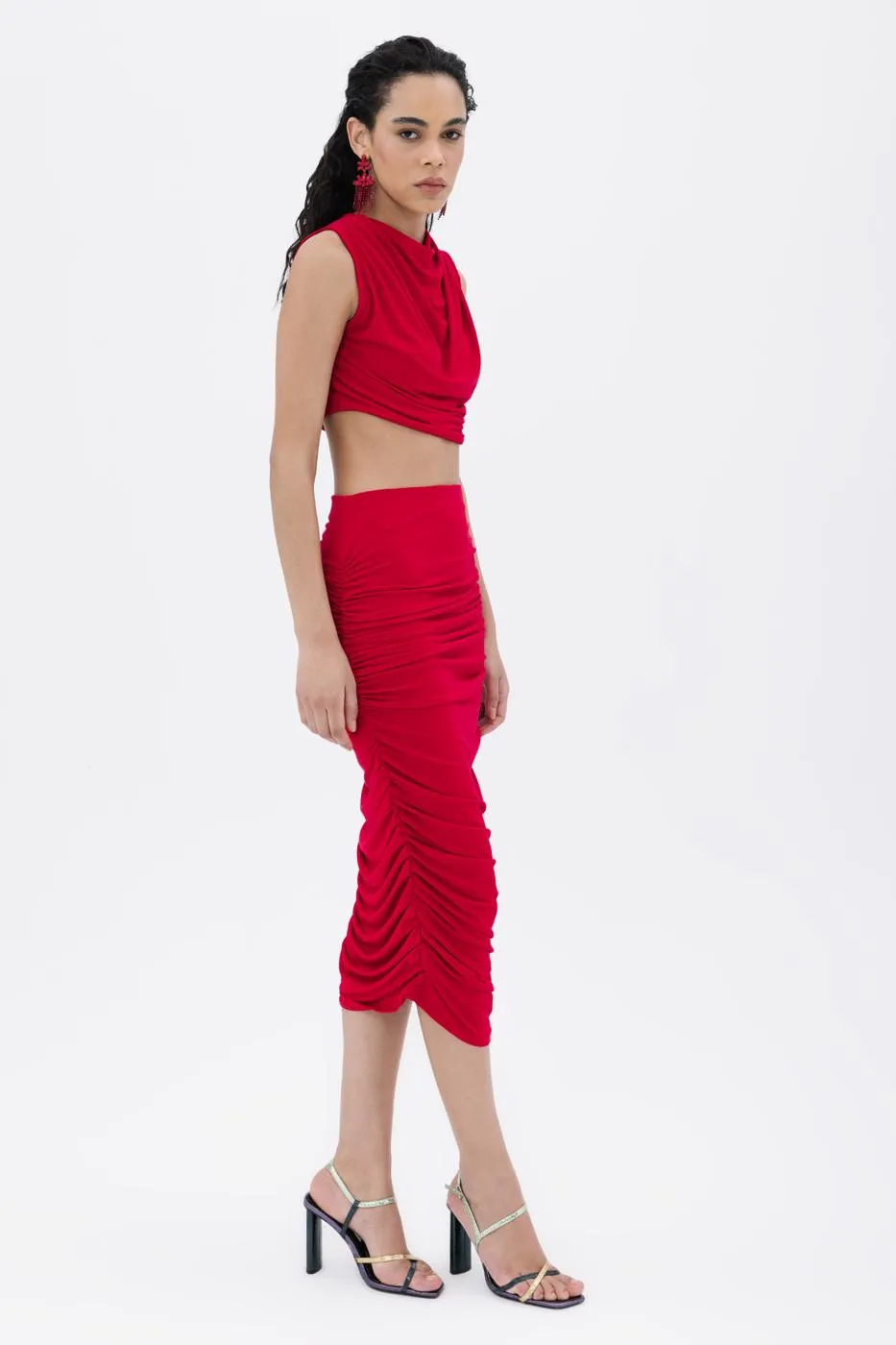 Red Draped Midi Pencil Skirt
