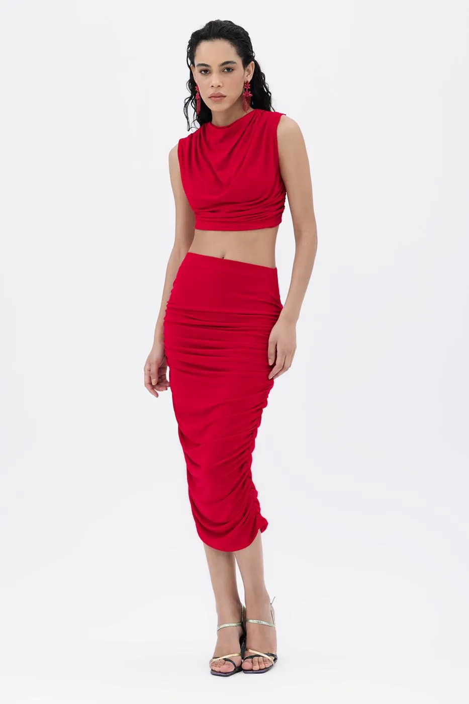 Red Draped Midi Pencil Skirt