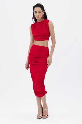 Red Draped Midi Pencil Skirt