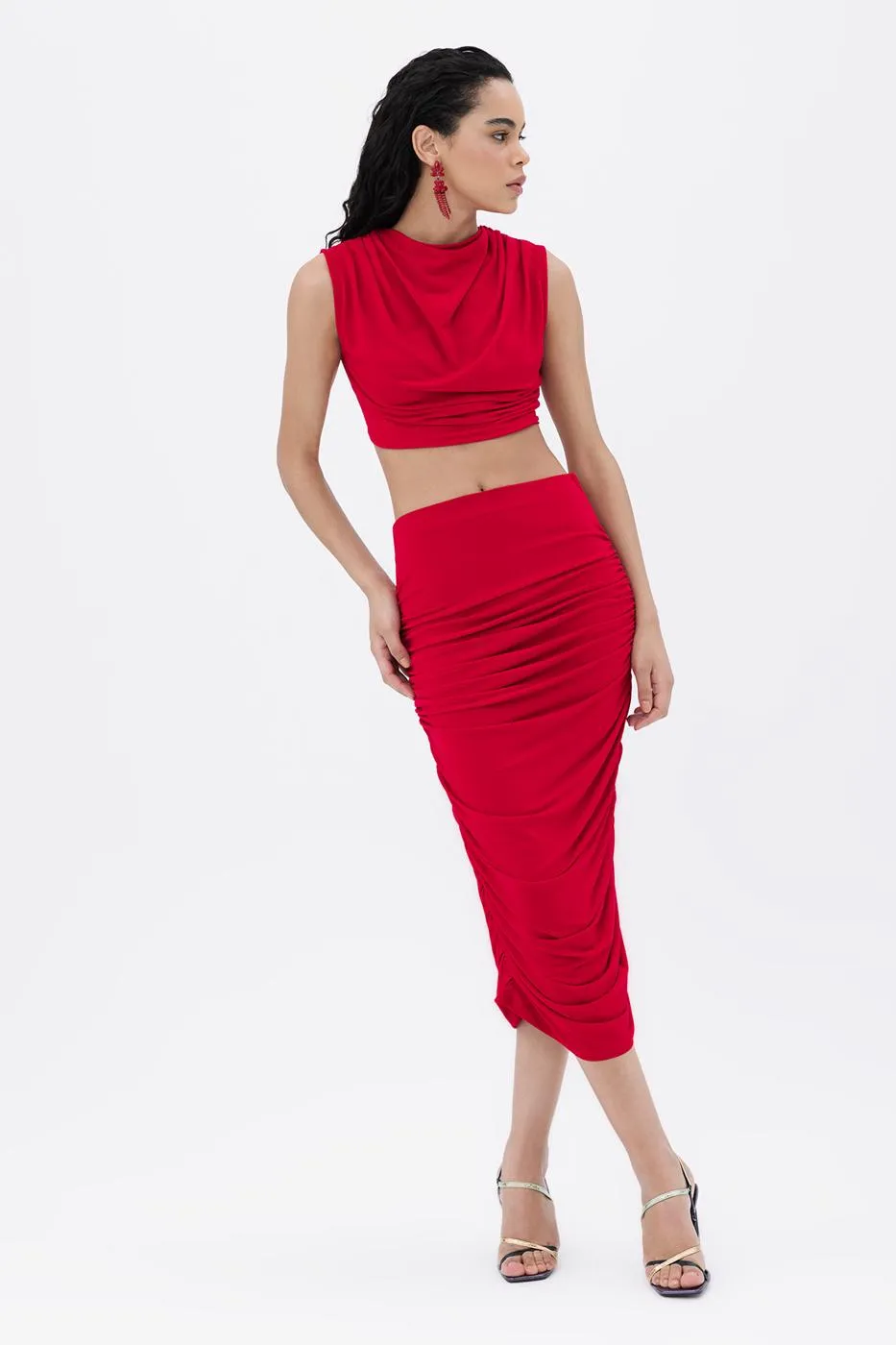 Red Draped Midi Pencil Skirt