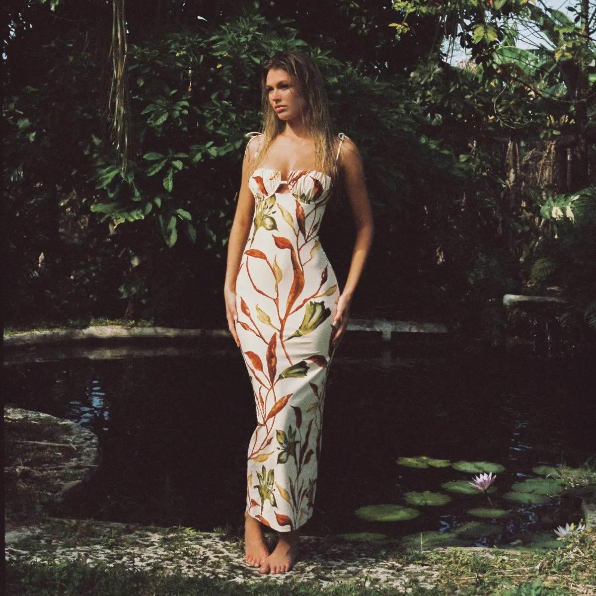 Rooted Floral Petal Long Slip Dress