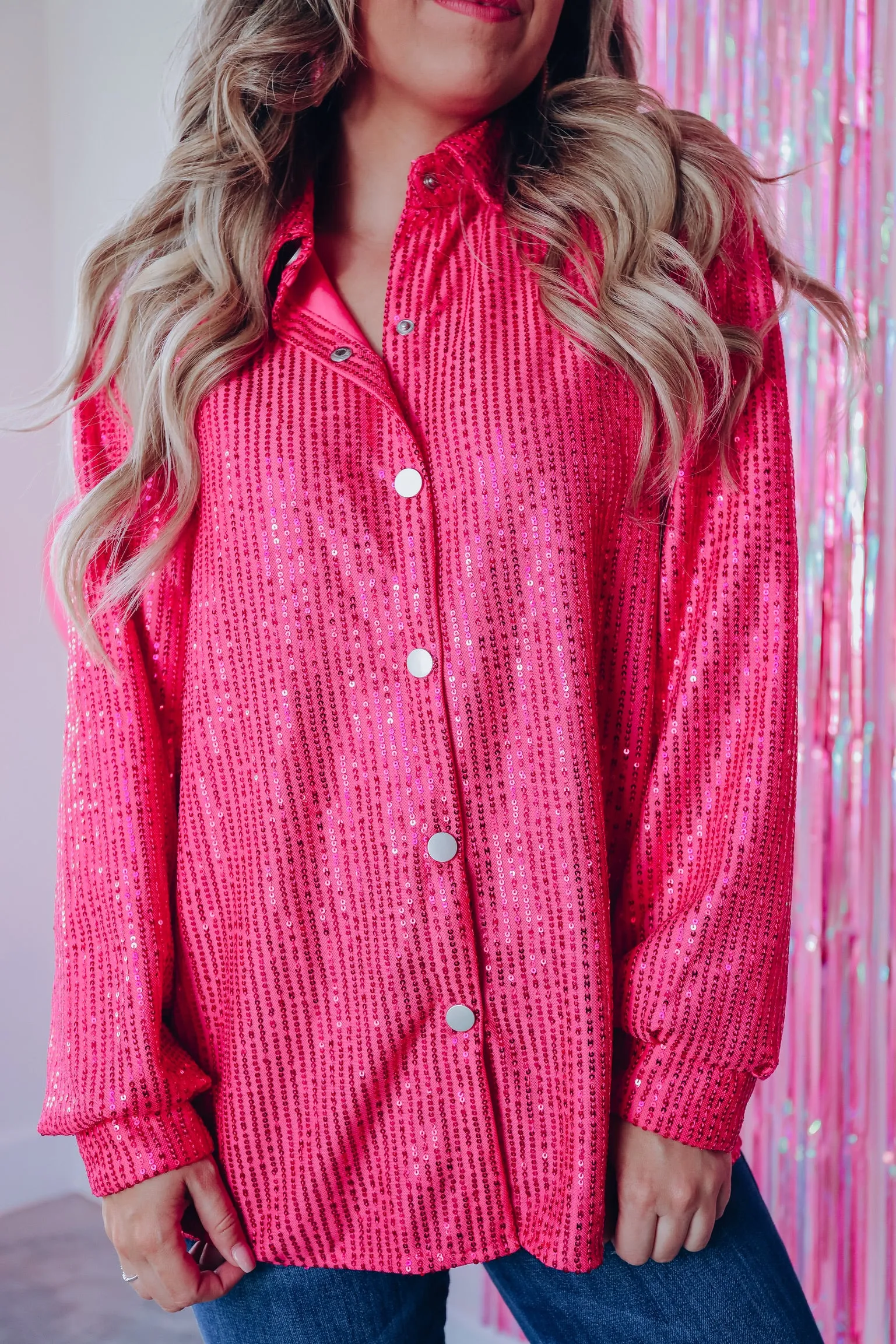 Set The Tone Sequin Button Down Shirt - Pink