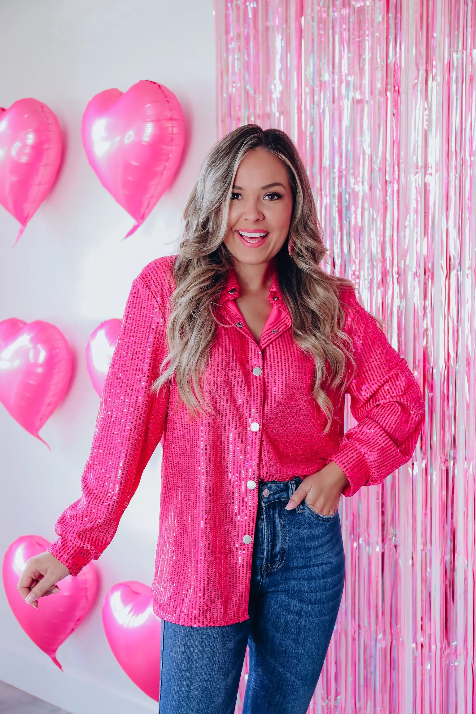 Set The Tone Sequin Button Down Shirt - Pink