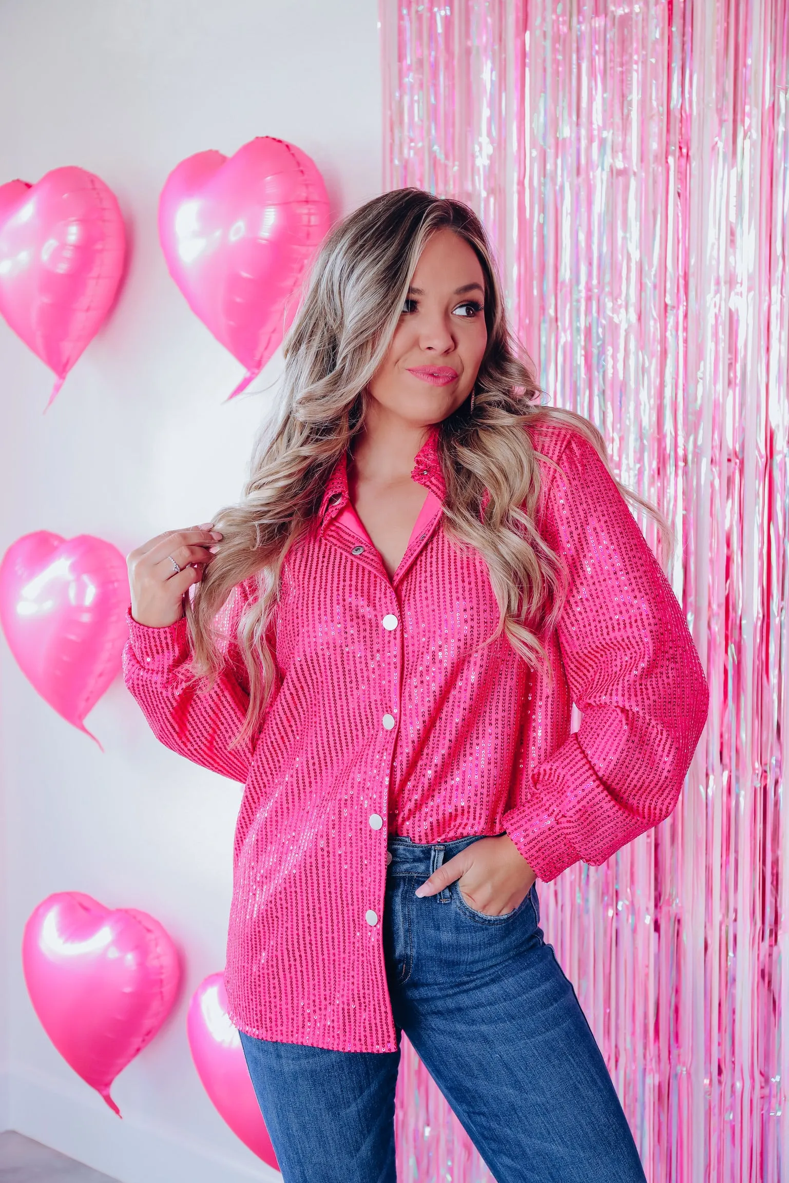 Set The Tone Sequin Button Down Shirt - Pink