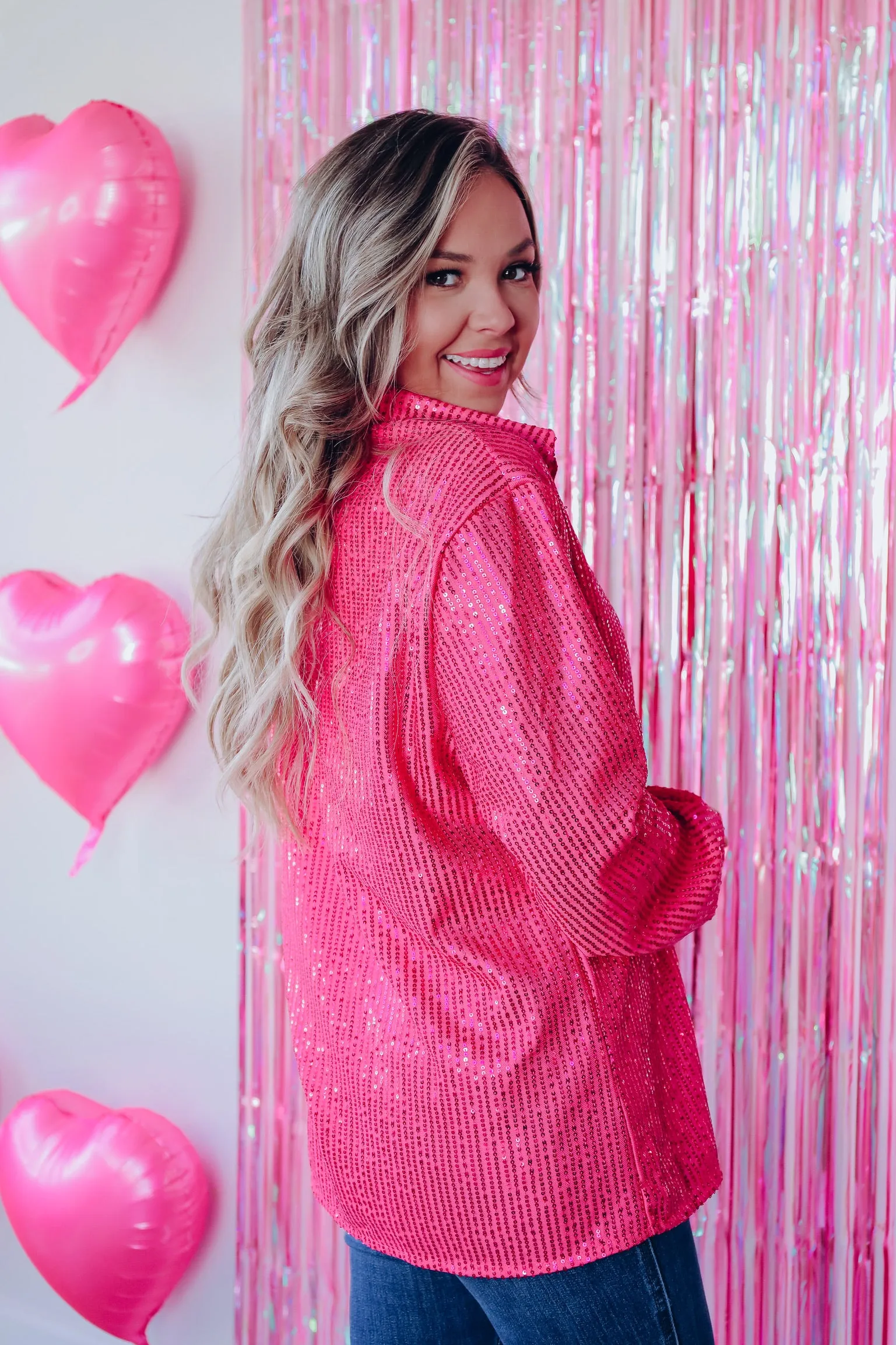 Set The Tone Sequin Button Down Shirt - Pink