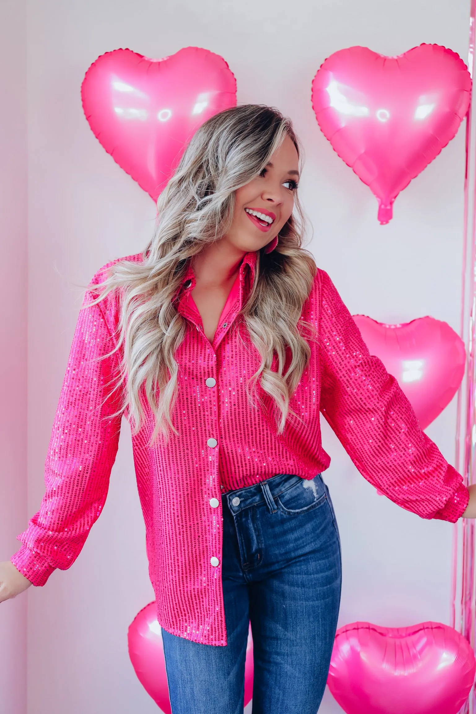 Set The Tone Sequin Button Down Shirt - Pink