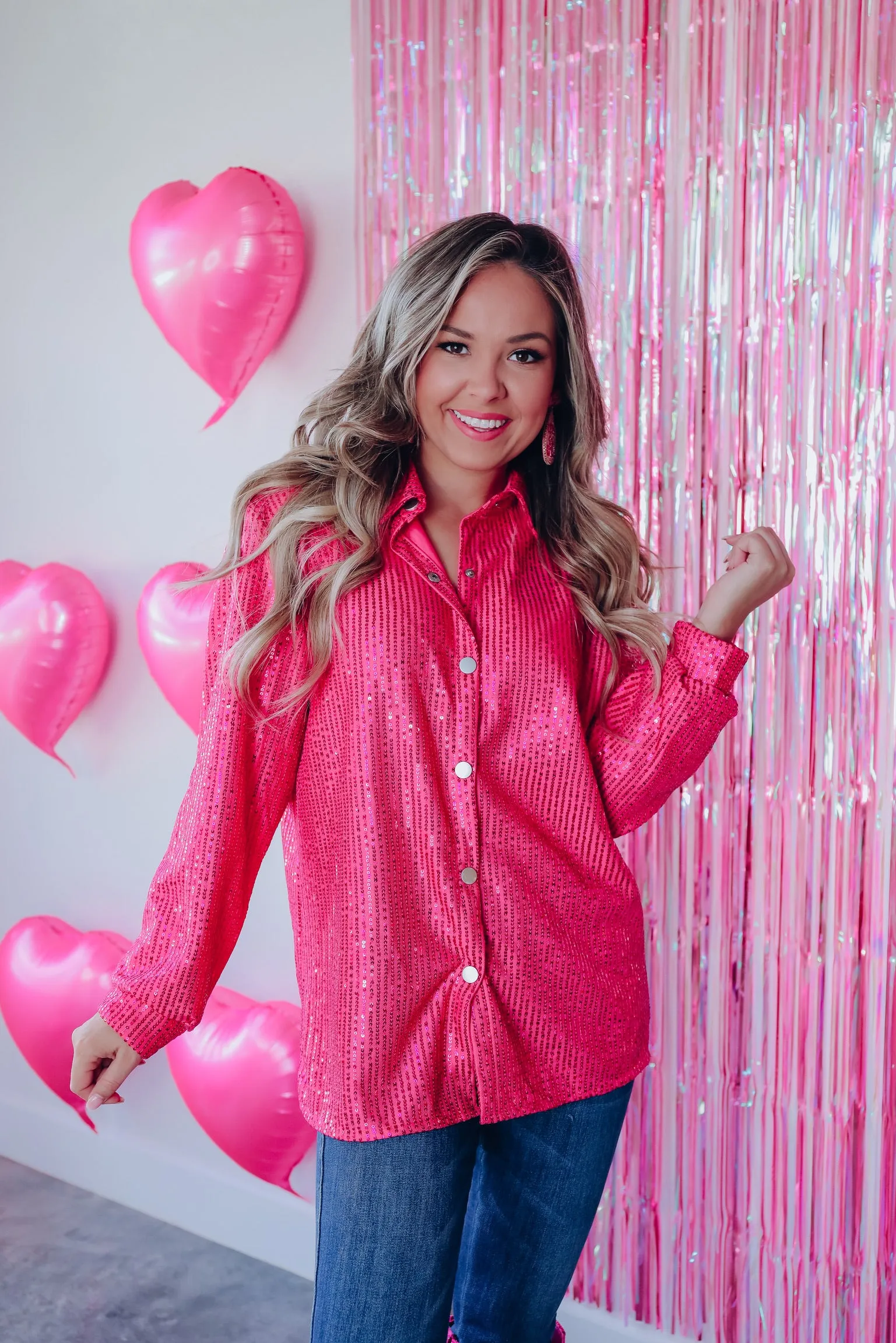 Set The Tone Sequin Button Down Shirt - Pink